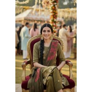 Olive Green Embroidered Shalwar Kameez 3 Piece Set Pink Leaf Print Floral Tunic‎